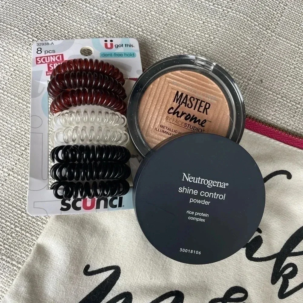 *NEVER USED* Makeup Bag, Hair Ties, Shine Control Powder, and Highlighter Bundle